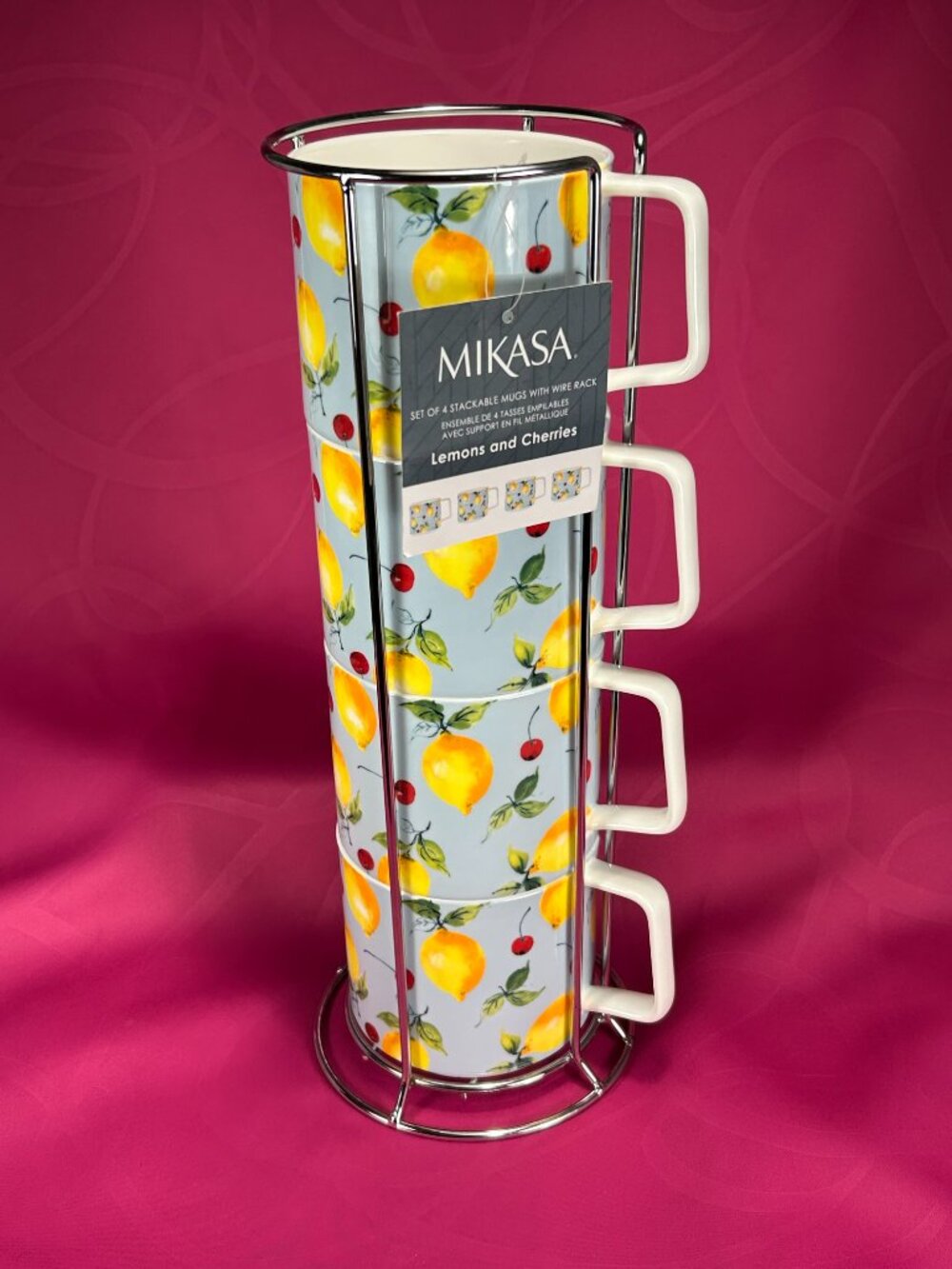 new set of 4 Mikasa Lemon & Cherries stackable tea cups